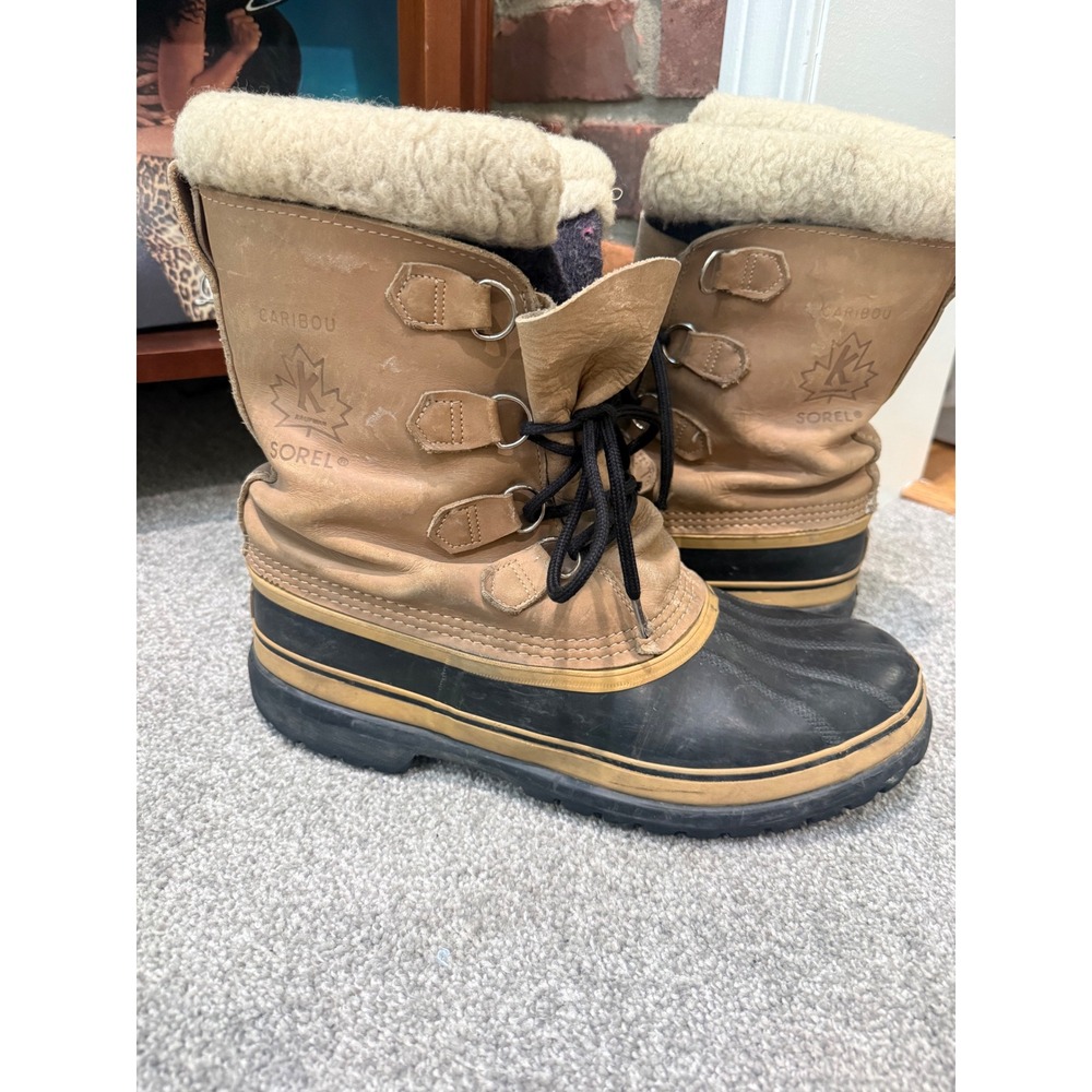 Sorel Caribou Tan Leather Rubber Winter Snow Boots Mens 11 Made in Canada